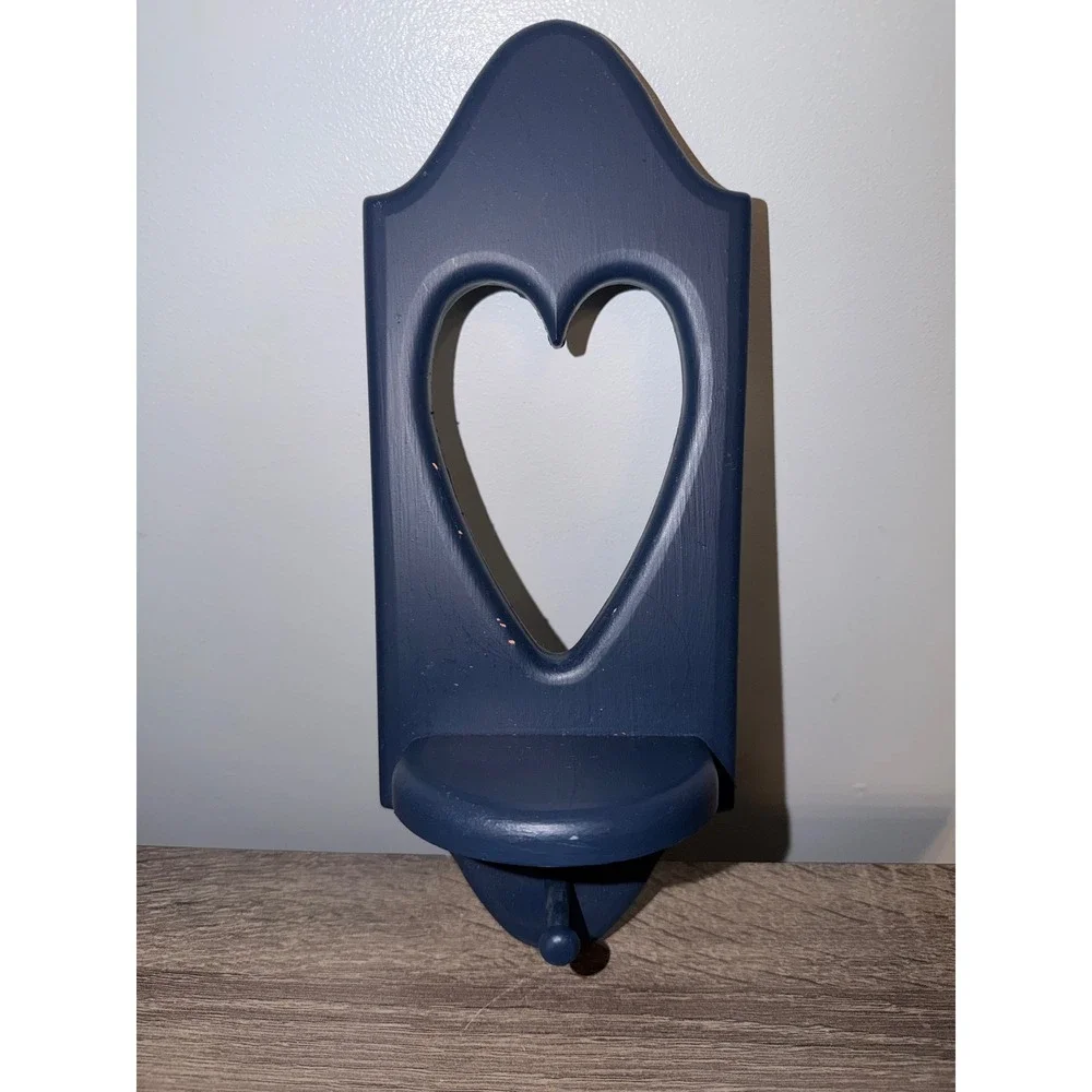 Vintage Navy Blue Wooden Heart Wall Shelf with Hook Farmhouse Decor